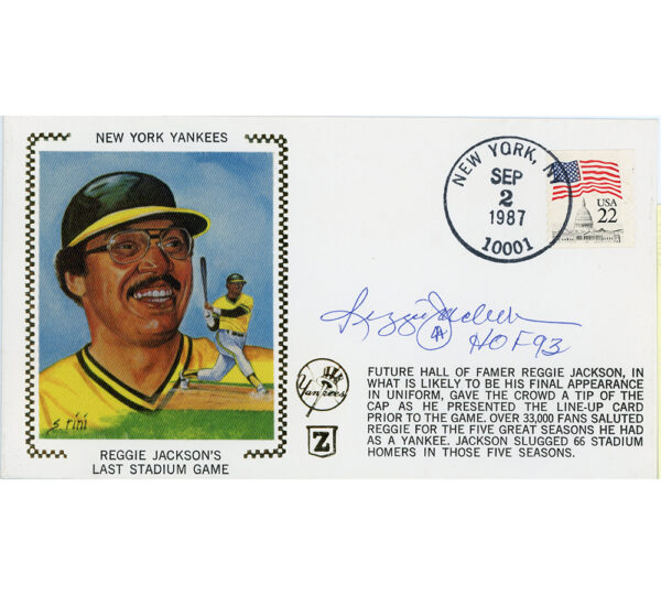 Reggie Jackson Signed New York Yankees Last Stadium Game Sept 2, 1987 Cachet Envelope with "HOF 93" Inscription