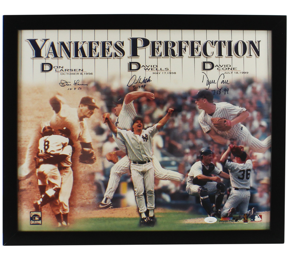 David Cone, Don Larsen, and David Wells Signed New York Yankees Framed Yankees Perfection MLB Photo with Date Inscription
