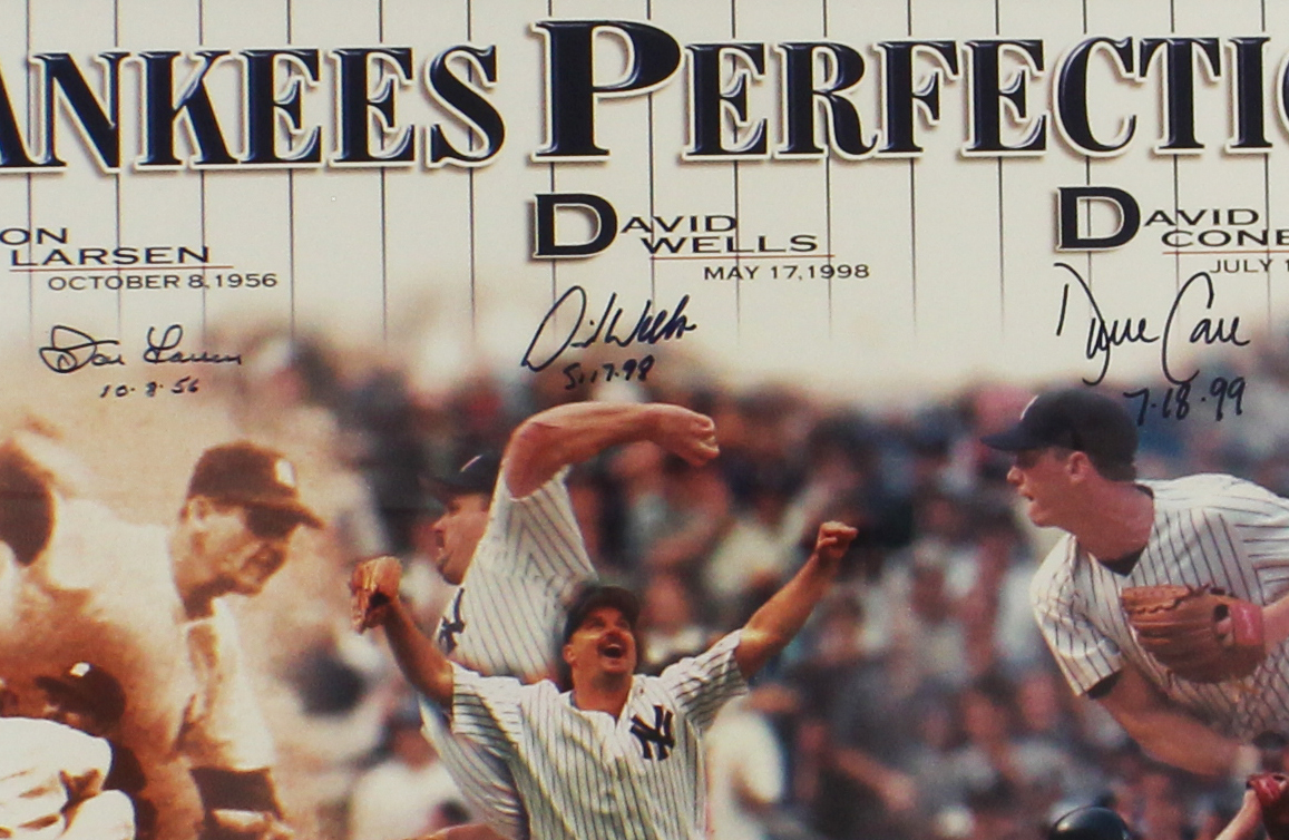 David Cone, Don Larsen, and David Wells Signed New York Yankees Framed Yankees Perfection MLB Photo with Date Inscription - Image 2