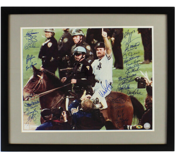 1996 Team Signed New York Yankees Framed 16x20 MLB Photo on Horse with 27 Signatures including John Wetteland, David Cone