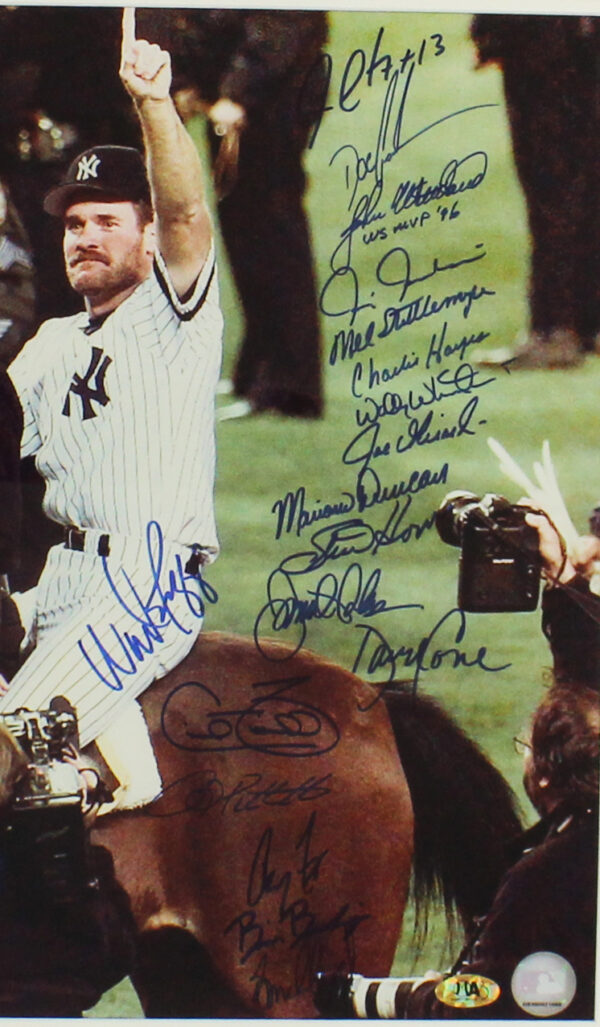 1996 Team Signed New York Yankees Framed 16x20 MLB Photo on Horse with 27 Signatures including John Wetteland, David Cone - Image 3