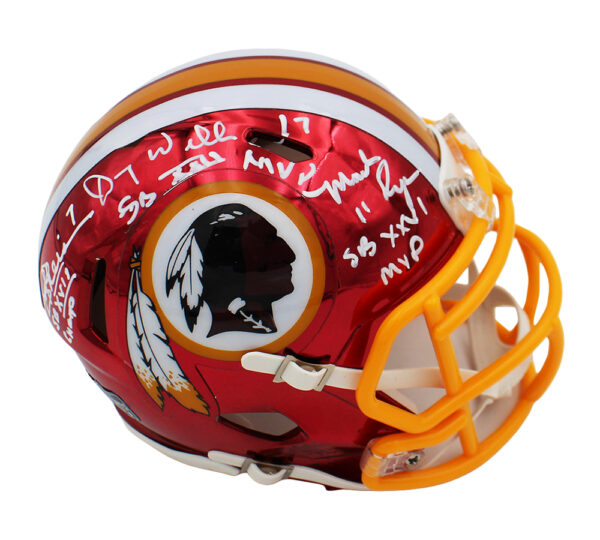 Mark Rypien, Joe Theismann, and Doug Williams signed Washington Commanders Riddell Speed Chrome NFL Mini Helmet with 3 Inscriptions - Image 2