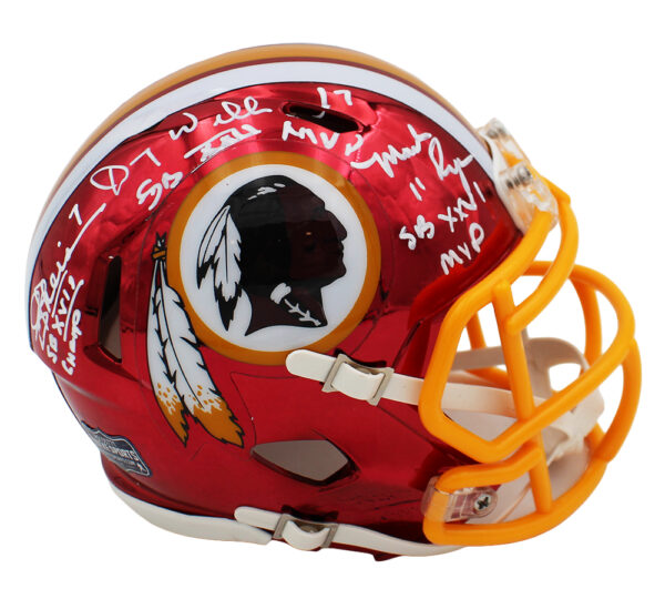 Mark Rypien, Joe Theismann, and Doug Williams signed Washington Commanders Riddell Speed Chrome NFL Mini Helmet with 3 Inscriptions
