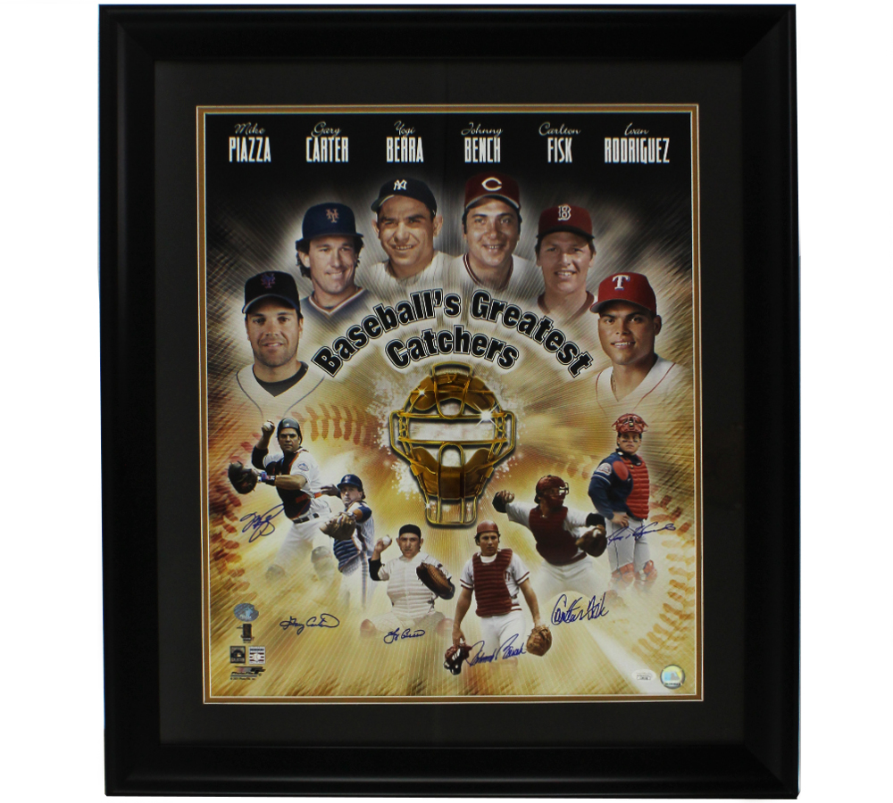 6 of Baseballs Greatest Catchers Signed Framed 20x24 MLB Photo Including Mike Piazza, Yogi Berra, Johnny Bench