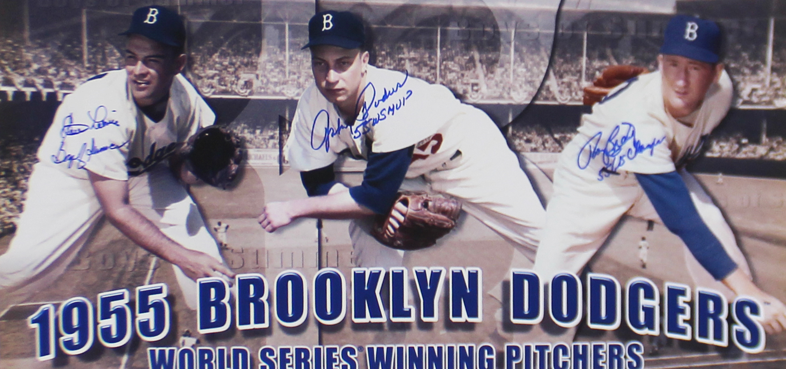 Clem Labine, Johnny Podres, Roger Craige Signed Brooklyn Dodgers Framed 16x20 World Series Winning Pitchers MLB Photo with Inscriptions - Image 2