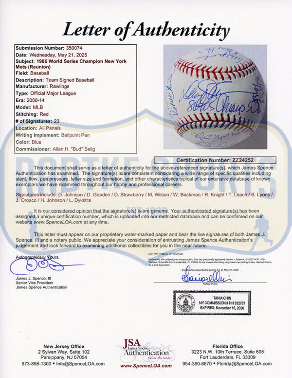 Davey Johnson, Dwight Gooden and Darryl Strawberry Signed New York Mets Rawlings Official Major League MLB Baseball with 20 Additional Signatures - Image 7
