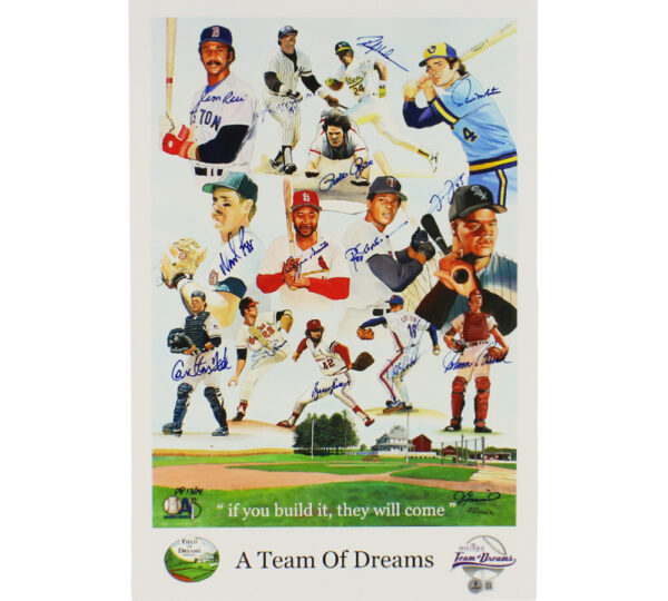 Jim Rice, Reggie Jackson, Rickey Henderson Multi-Signed Field of Dreams A Team of Dreams Unframed 16x23 MLB Print with 13 additional signatures - PP 13/14
