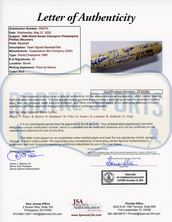 Mike Schmidt, Steve Carlton Multi-Signed Philadelphia Phillies 1980's Cardiac Kids Blonde/Red MLB Bat with 21 Additional Signatures - Image 7