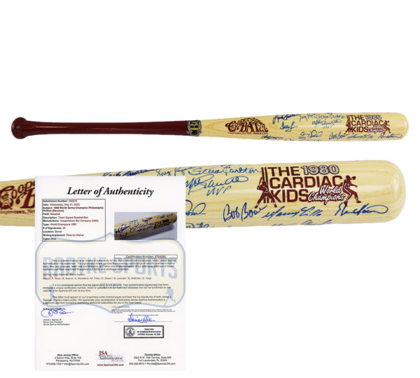 Mike Schmidt, Steve Carlton Multi-Signed Philadelphia Phillies 1980's Cardiac Kids Blonde/Red MLB Bat with 21 Additional Signatures