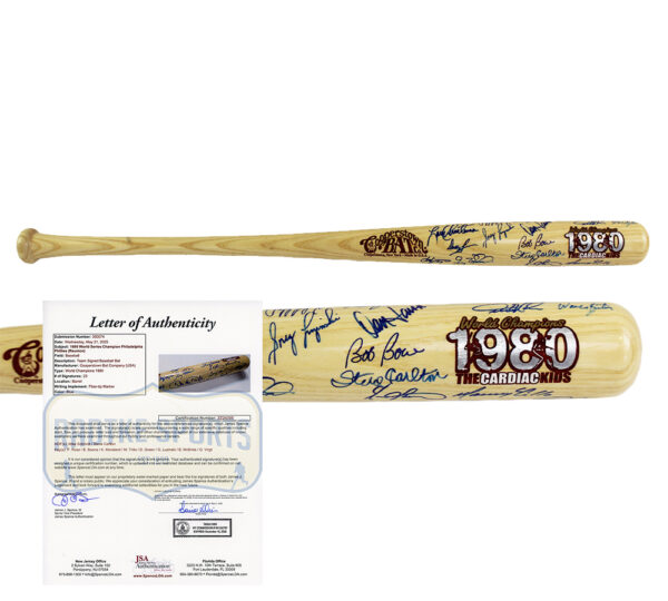 Mike Schmidt, Steve Carlton Multi-Signed Philadelphia Phillies 1980's World Series Champions Blonde MLB Bat with 21 Additional Signatures