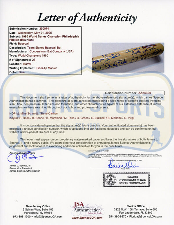 Mike Schmidt, Steve Carlton Multi-Signed Philadelphia Phillies 1980's World Series Champions Blonde MLB Bat with 21 Additional Signatures - Image 7