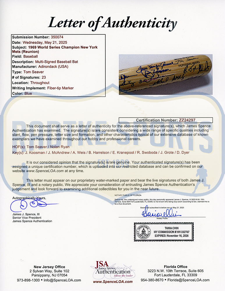 Tom Seaver, Nolan Ryan Multi-Signed New York Mets Adirondack Tom Seaver Edition 1969 World Series Champions Blonde MLB Bat with 21 Additional Signatures - Image 8