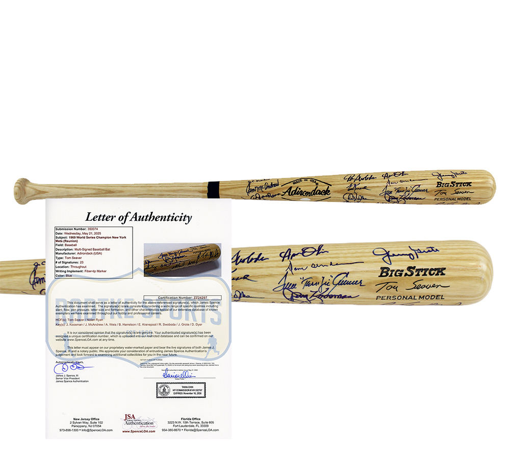 Tom Seaver, Nolan Ryan Multi-Signed New York Mets Adirondack Tom Seaver Edition 1969 World Series Champions Blonde MLB Bat with 21 Additional Signatures