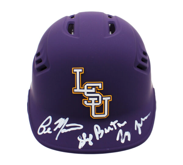 LSU Coaches Jay Johnson, Paul Manieri, and Skip Bertman Signed LSU Tigers Rawlings Purple NCAA Helmet