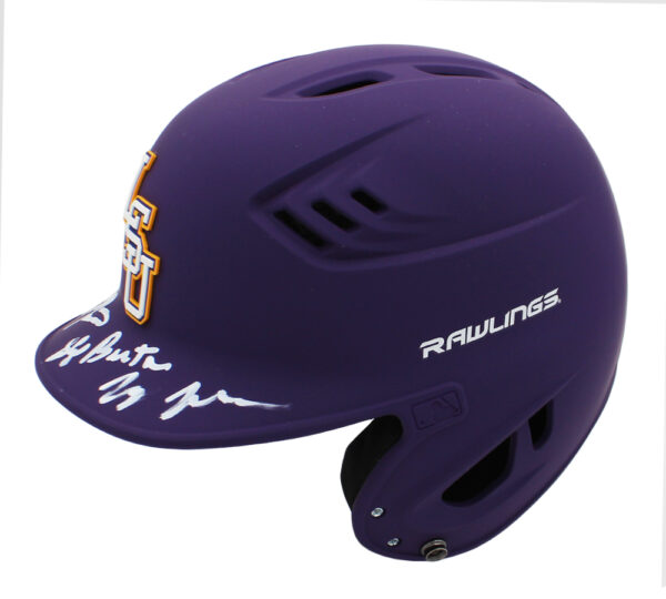 LSU Coaches Jay Johnson, Paul Manieri, and Skip Bertman Signed LSU Tigers Rawlings Purple NCAA Helmet - Image 2