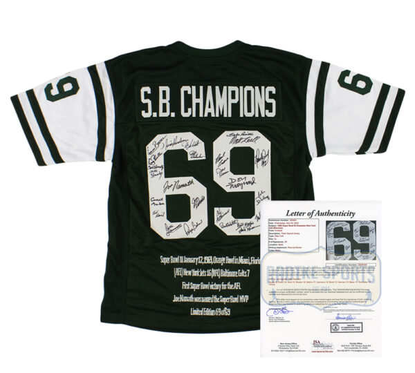 1969 New York Jets Alumni Signed New York Jets Custom S.B. Champions Green NFL Jersey with 25 Signatures including Joe Namath & Don Maynard