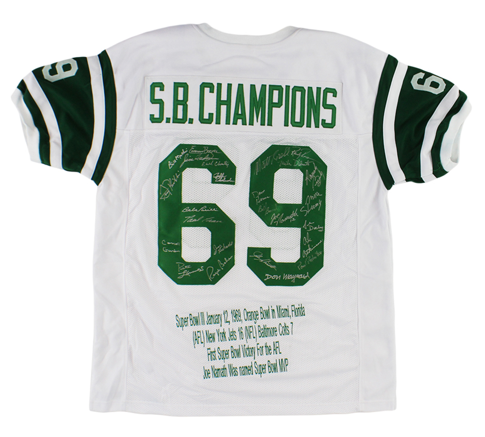 1969 New York Jets Alumni Signed New York Jets Custom S.B. Champions White NFL Jersey with 25 Signatures including Joe Namath & Don Maynard - Image 2