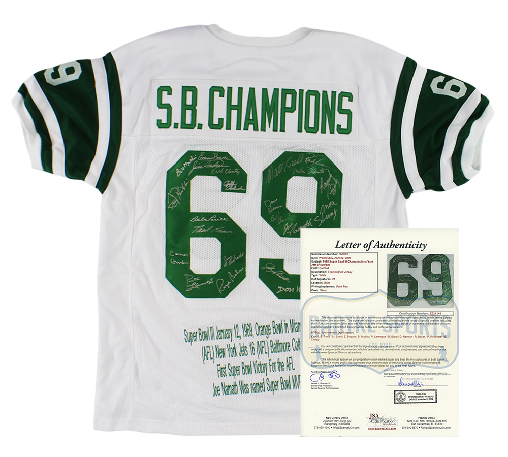 1969 New York Jets Alumni Signed New York Jets Custom S.B. Champions White NFL Jersey with 25 Signatures including Joe Namath & Don Maynard