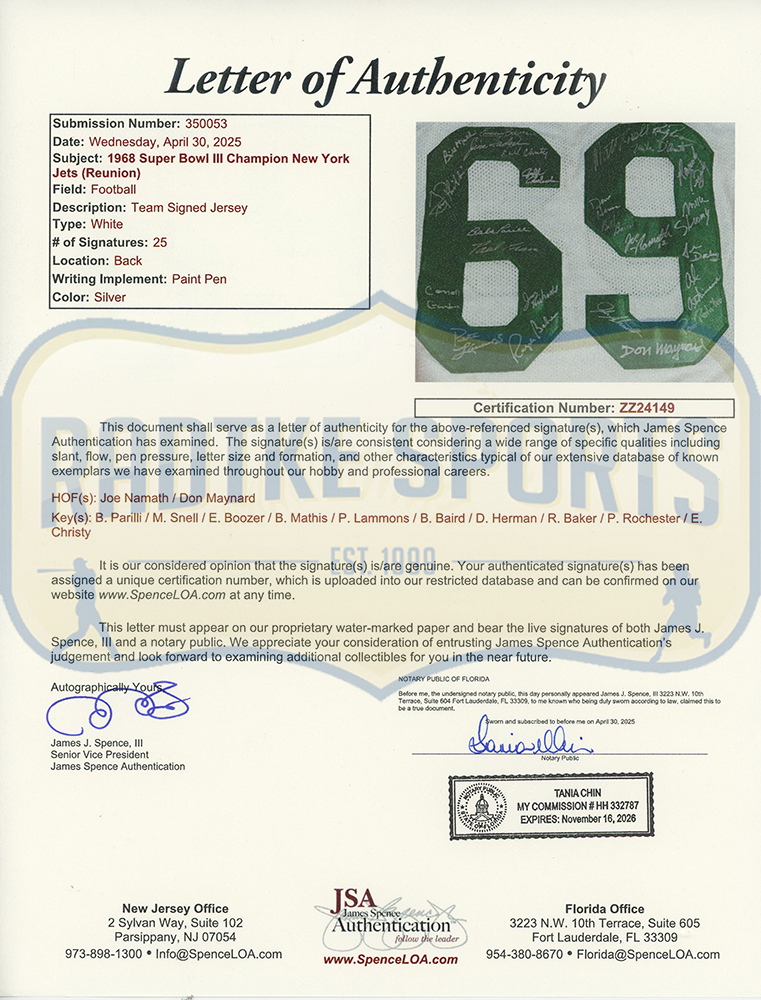 1969 New York Jets Alumni Signed New York Jets Custom S.B. Champions White NFL Jersey with 25 Signatures including Joe Namath & Don Maynard - Image 4