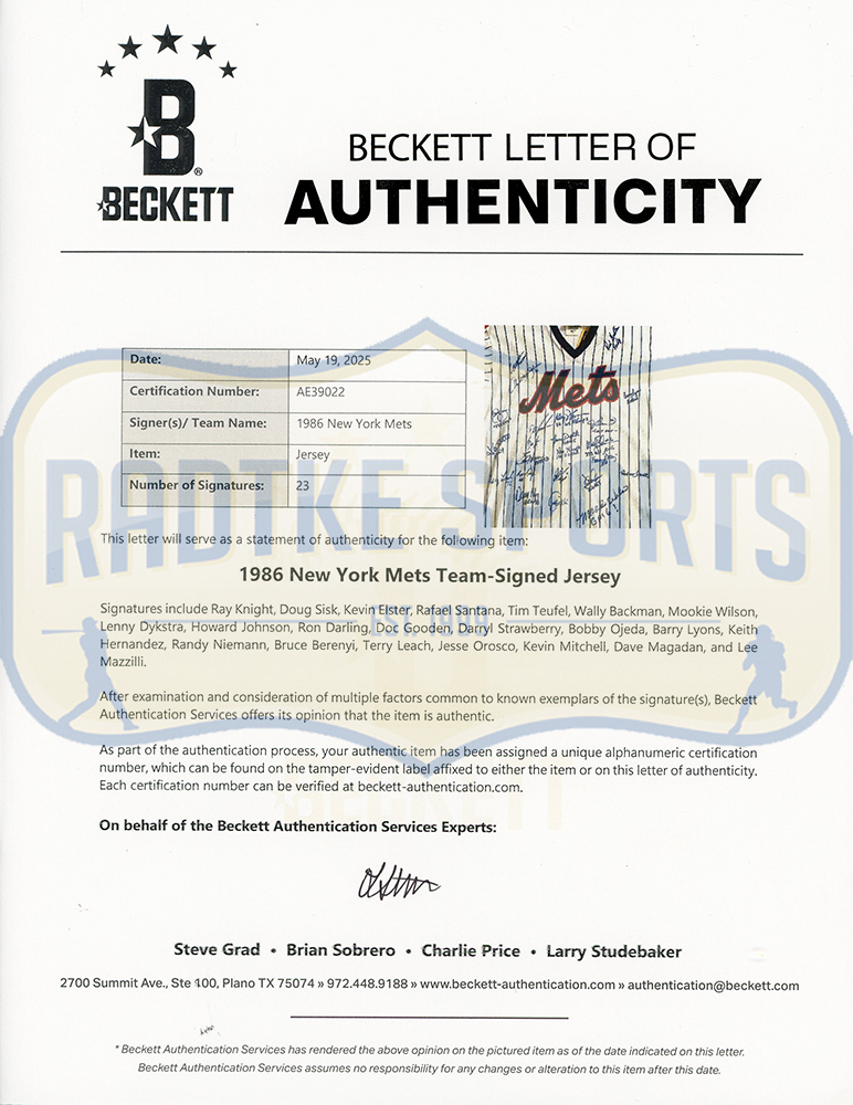 1986 New York Mets Team Signed Majestic Pinstripe MLB Jersey - 23 Signatures Including Keith Hernadez, Darryl Strawberry & Dwight Gooden - Image 3