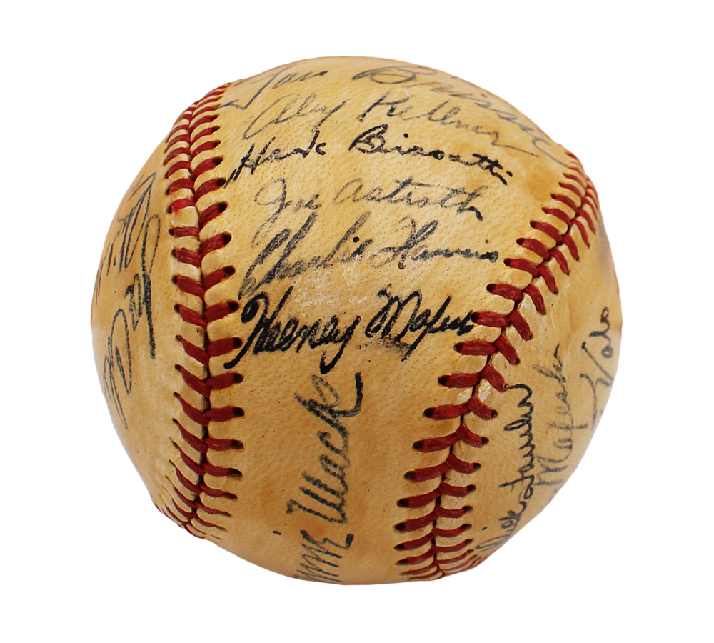 1949 Team Signed Signed Philadelphia Athletics Official American League MLB Baseball with 28 signatures including Lou Brissie, Dick Fowler - Image 9