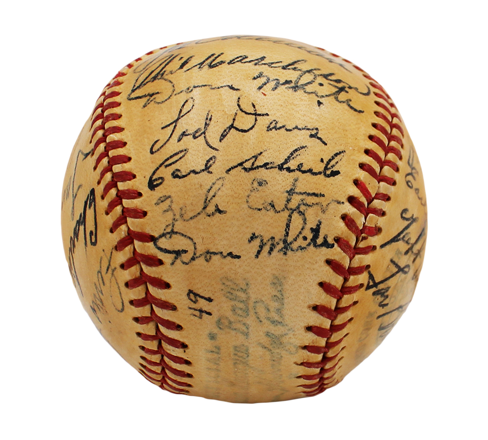 1949 Team Signed Signed Philadelphia Athletics Official American League MLB Baseball with 28 signatures including Lou Brissie, Dick Fowler - Image 3