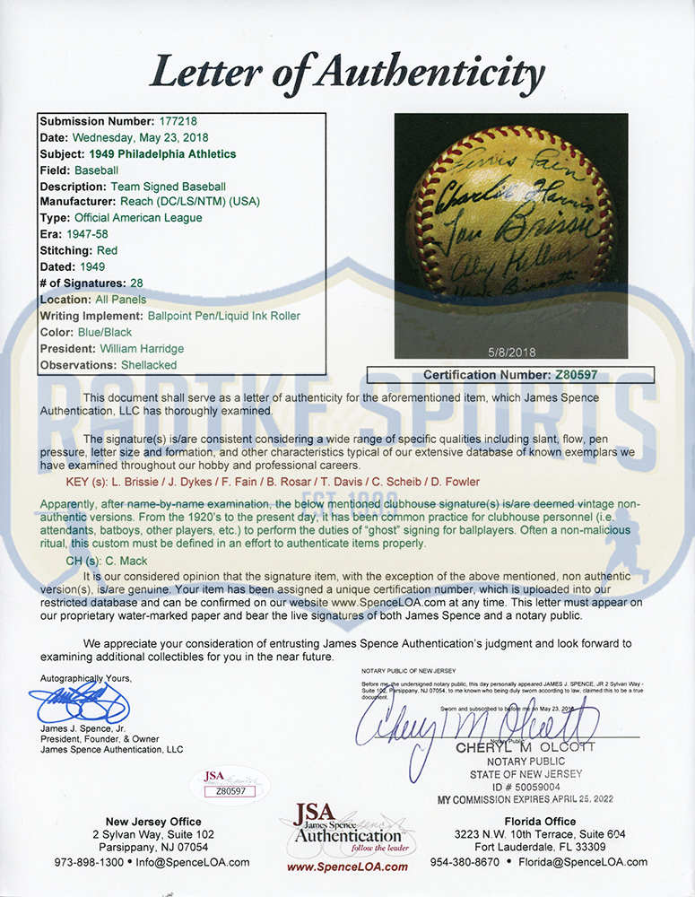 1949 Team Signed Signed Philadelphia Athletics Official American League MLB Baseball with 28 signatures including Lou Brissie, Dick Fowler - Image 10