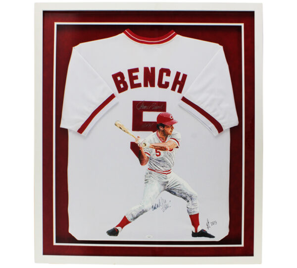 Johnny Bench Signed Cincinnati Reds Framed White Jersey with "HOF 89 and Catch Ya Later" Inscriptions