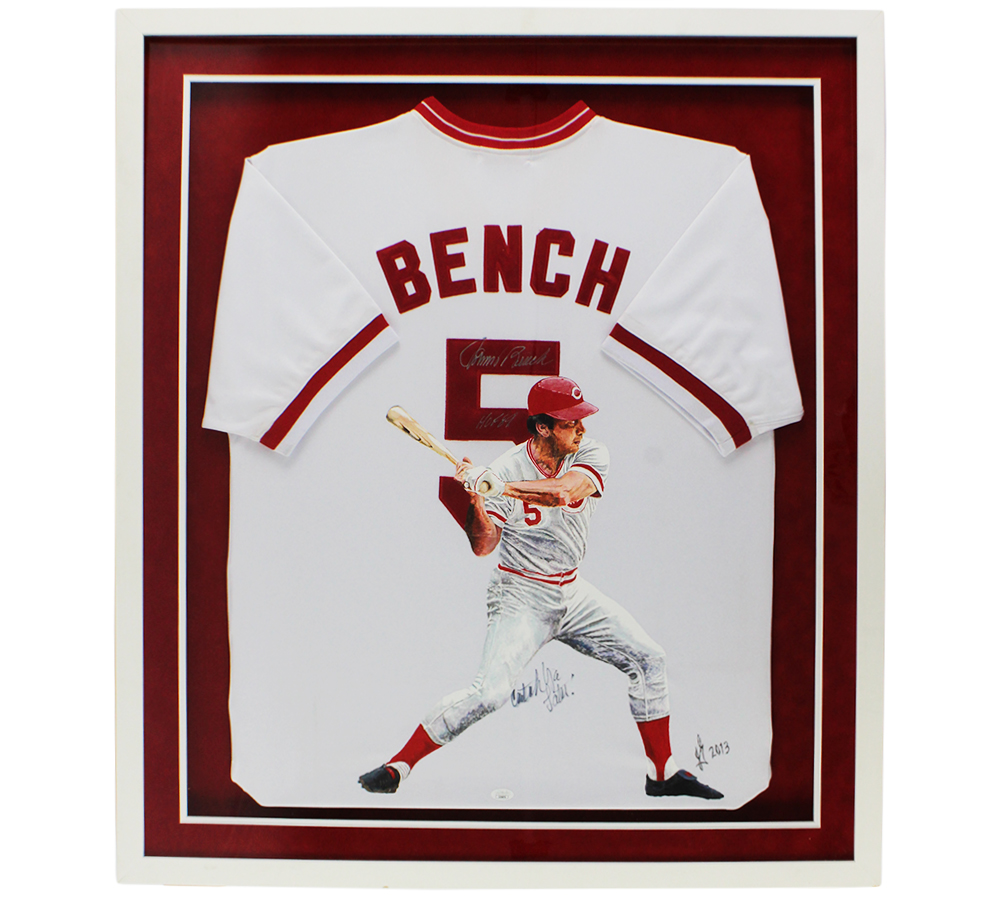 Johnny Bench Signed Cincinnati Reds Framed White Jersey with "HOF 89 and Catch Ya Later" Inscriptions
