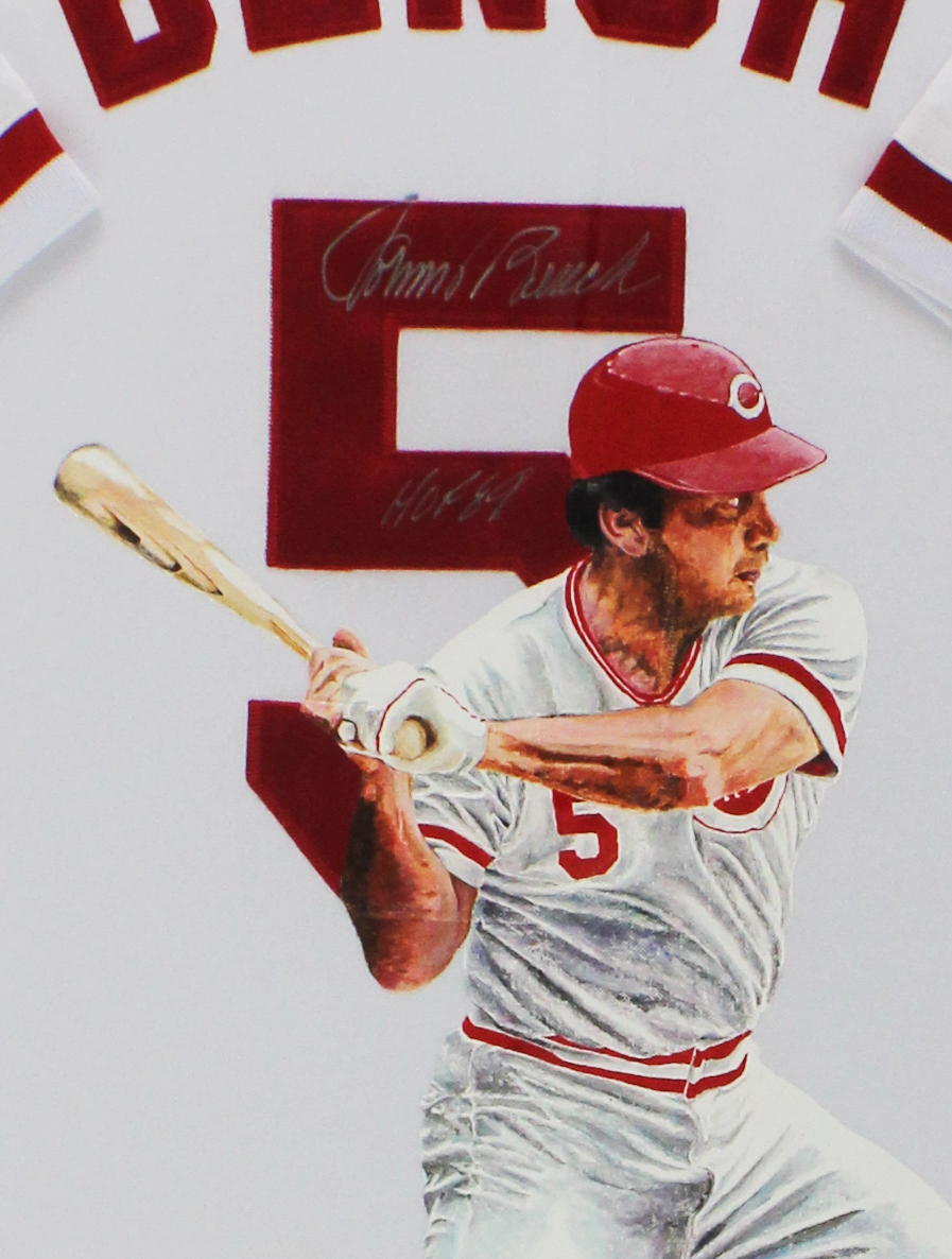 Johnny Bench Signed Cincinnati Reds Framed White Jersey with "HOF 89 and Catch Ya Later" Inscriptions - Image 2