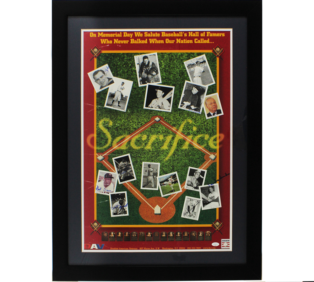 Yogi Berra, Bob Feller, Duke Snider Signed Framed Memorial Day Hall of Famers Poster with 7 signatures