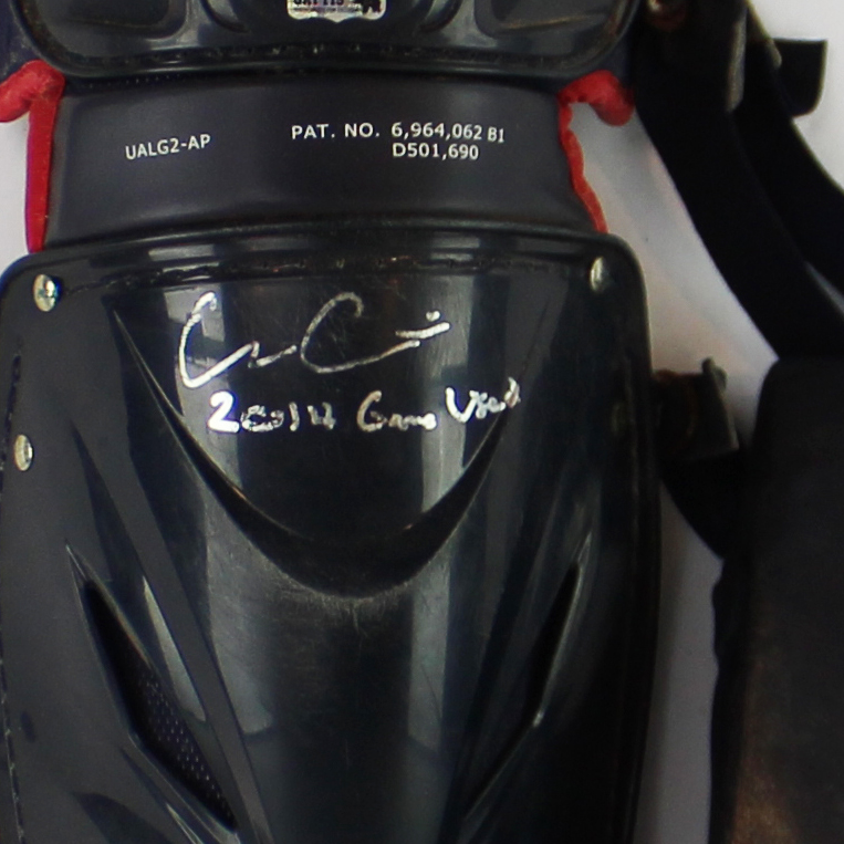 Evan Gattis Signed Game Used Red & Navy Under Armor Catchers Gear with "El Oso Blanco” & "2014 Game Used" Inscription - Image 10