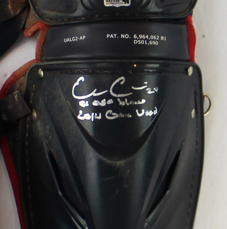 Evan Gattis Signed Game Used Red & Navy Under Armor Catchers Gear with "El Oso Blanco” & "2014 Game Used" Inscription - Image 7