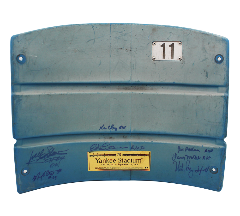 1977 Yankees Team Signed New York Yankees Stadium Blue with Gold Plaque Seatback with 7 Signatures including Ed Figueroa, Gene Locklear