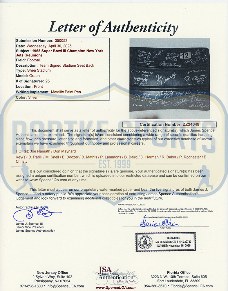 1969 New York Jets Alumni Signed Shea Stadium #12 Green Seatback with 25 Signatures including Joe Namath & Don Maynard - Image 3