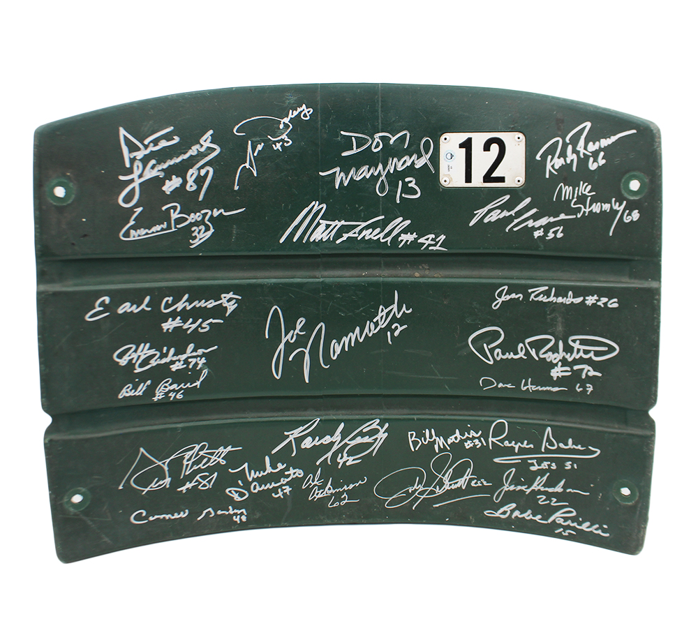 1969 New York Jets Alumni Signed Shea Stadium #12 Green Seatback with 25 Signatures including Joe Namath & Don Maynard