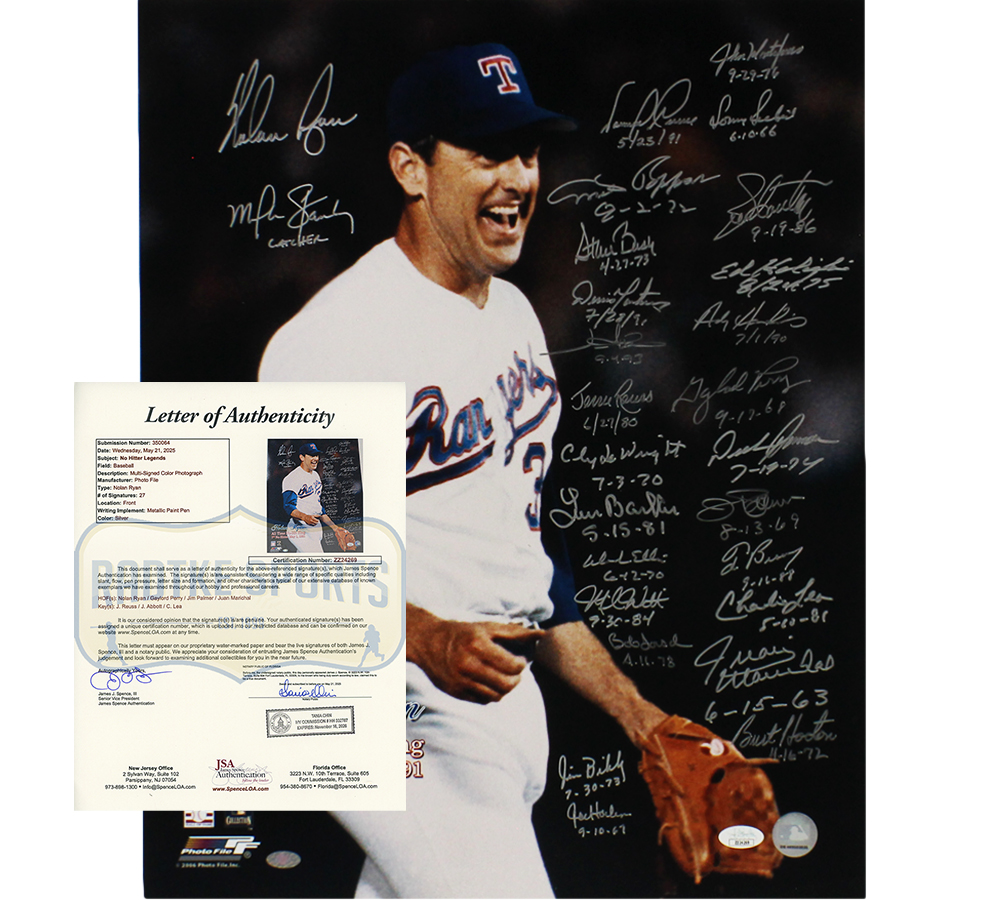 Nolan Ryan, Gaylord Perry, Jim Palmer Multi-Signed Texas Rangers Unframed 16x20 All Time No-Hit King MLB Photo - 27 Signatures