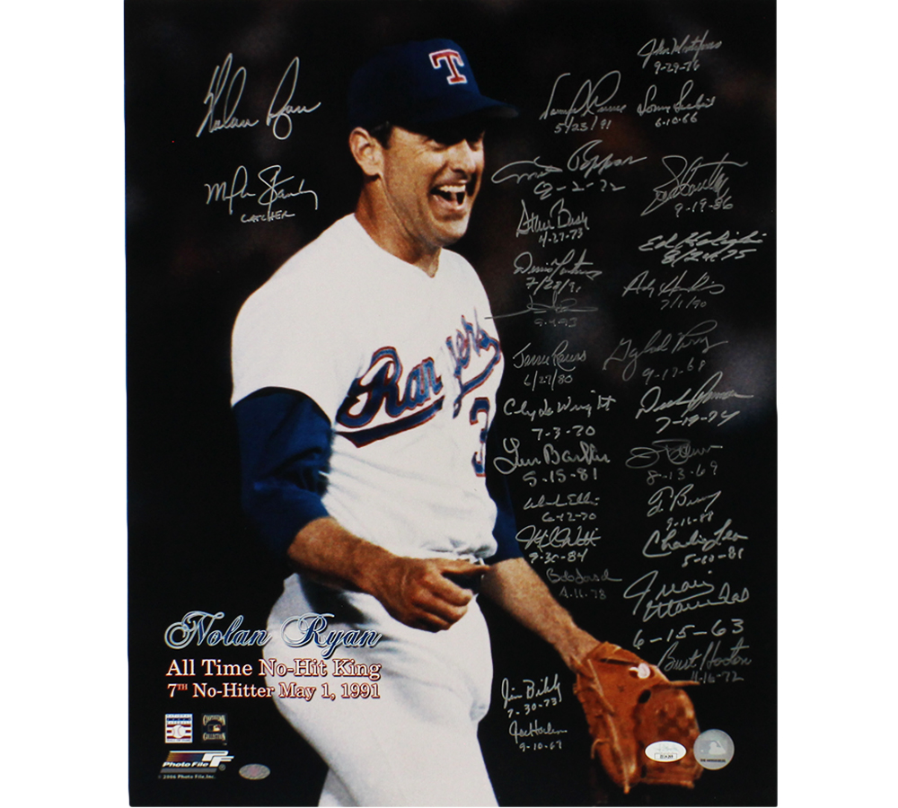 Nolan Ryan, Gaylord Perry, Jim Palmer Multi-Signed Texas Rangers Unframed 16x20 All Time No-Hit King MLB Photo - 27 Signatures - Image 2