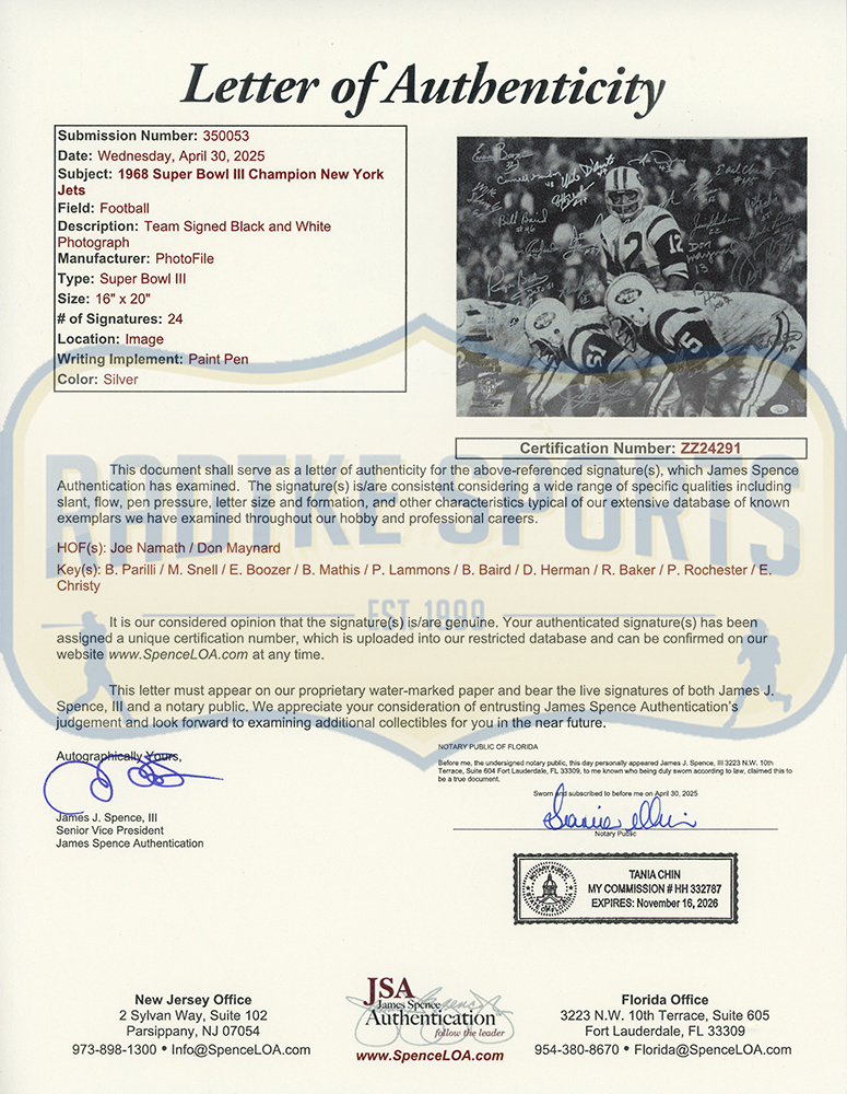 Joe Namath, Don Maynard Multi-Signed New York Jets Unframed 16x20 1968 Super Bowl III Black & White NFL Photo with 24 Signatures - Image 5