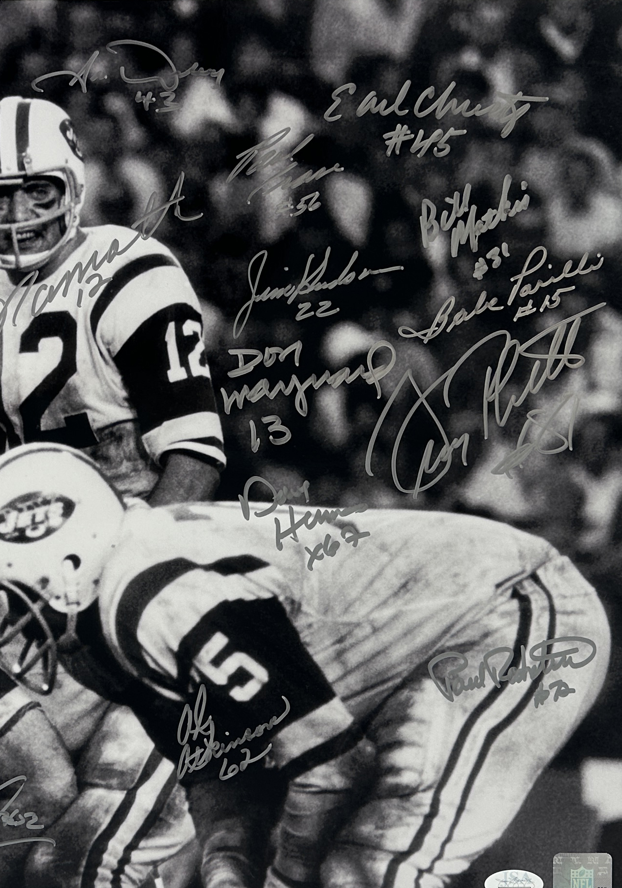 Joe Namath, Don Maynard Multi-Signed New York Jets Unframed 16x20 1968 Super Bowl III Black & White NFL Photo with 24 Signatures - Image 4
