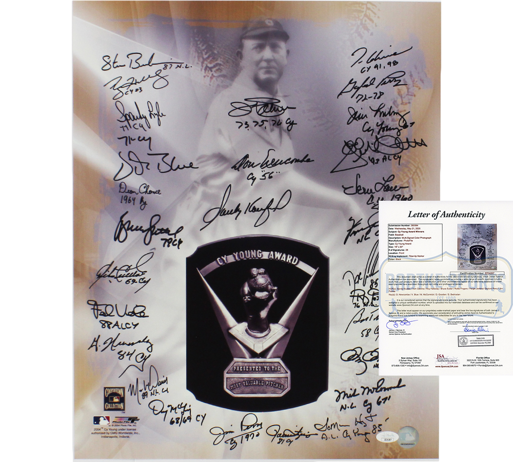 Multi-Signed Unframed 16x20 CY Young Award MLB Photo with 28 signatures including Sandy Koufax & Roy Halladay