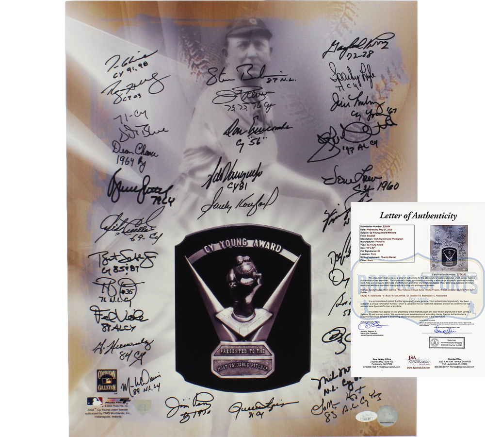 Multi-Signed Unframed 16x20 CY Young Award MLB Photo with 30 signatures including Sandy Koufax & Roy Halladay