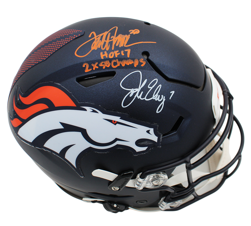 Terrell Davis and John Elway Signed Denver Broncos Speed Flex Authentic NFL Helmet with "HOF 17 and 2x SB Champs" Inscriptions - Image 2