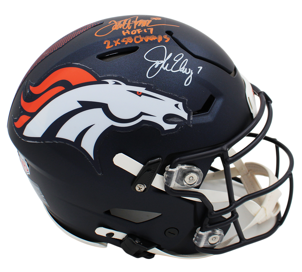 Terrell Davis and John Elway Signed Denver Broncos Speed Flex Authentic NFL Helmet with "HOF 17 and 2x SB Champs" Inscriptions - Image 3