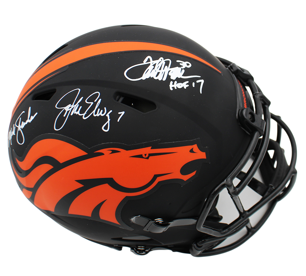 Terrell Davis, John Elway, Mike Shanahan Signed Denver Broncos Speed Authentic Eclipse NFL Helmet with "HOF 17" Inscription