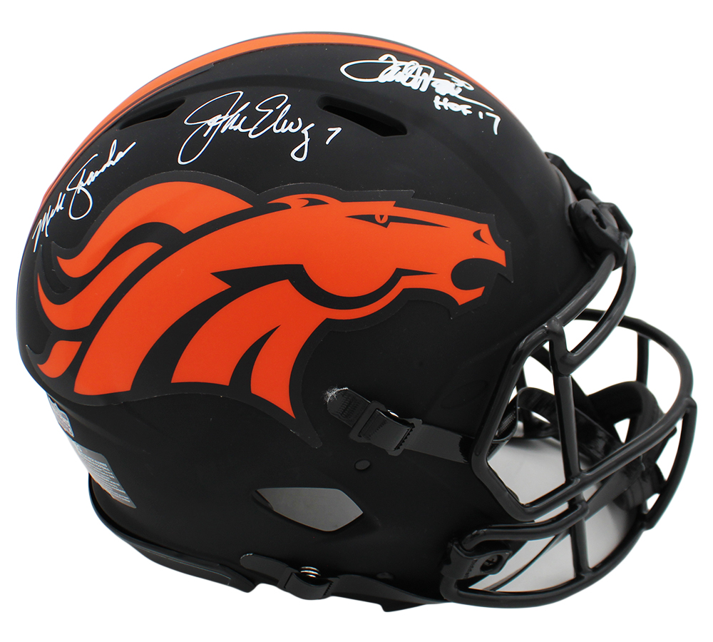 Terrell Davis, John Elway, Mike Shanahan Signed Denver Broncos Speed Authentic Eclipse NFL Helmet with "HOF 17" Inscription - Image 3