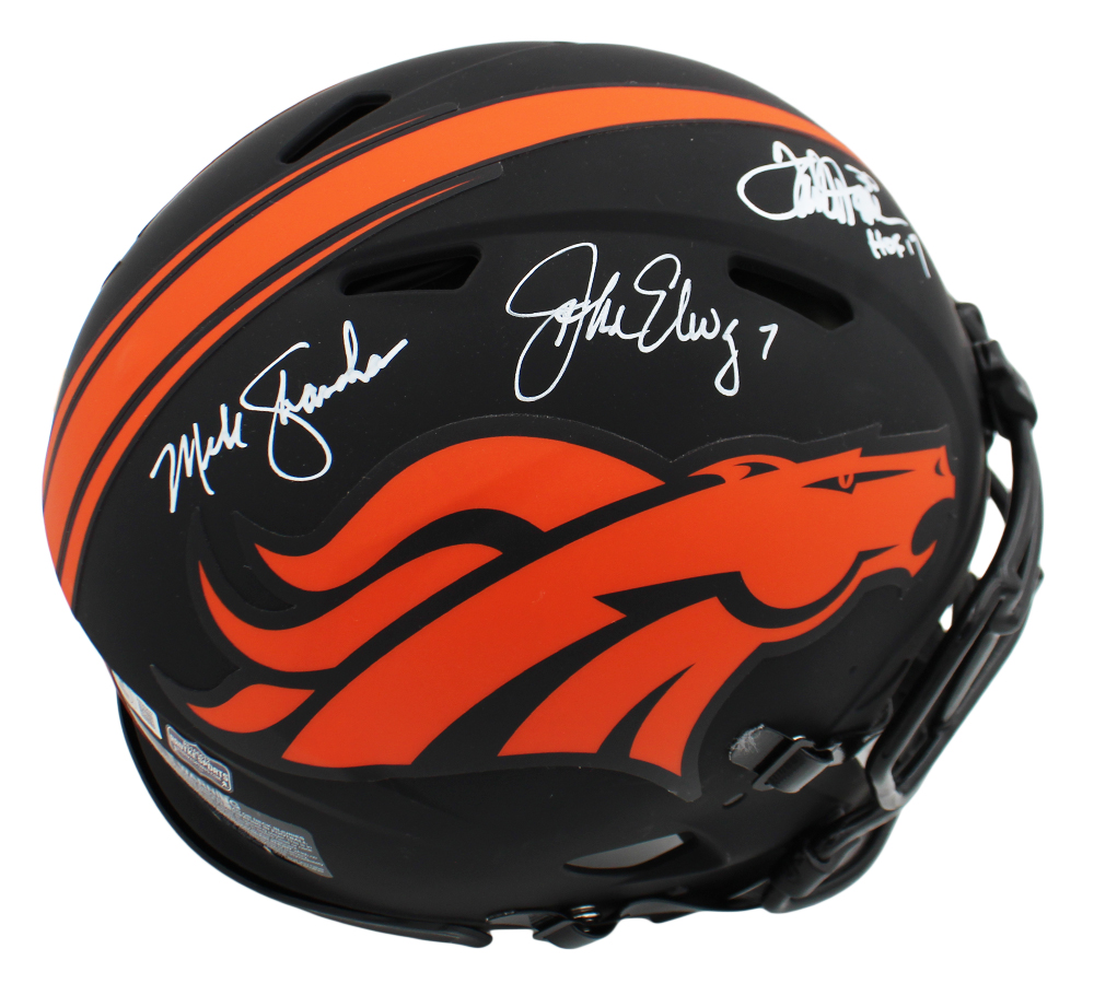 Terrell Davis, John Elway, Mike Shanahan Signed Denver Broncos Speed Authentic Eclipse NFL Helmet with "HOF 17" Inscription - Image 2