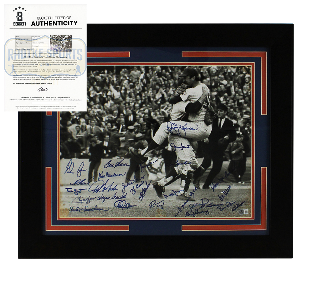 Multi-Signed 1969 New York Mets Framed Black & White MLB Photo including Nolan Ryan, Tom Seaver, Yogi Berra