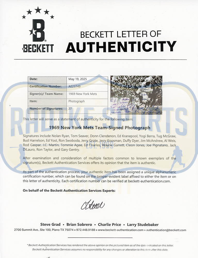 Multi-Signed 1969 New York Mets Framed Black & White MLB Photo including Nolan Ryan, Tom Seaver, Yogi Berra - Image 5