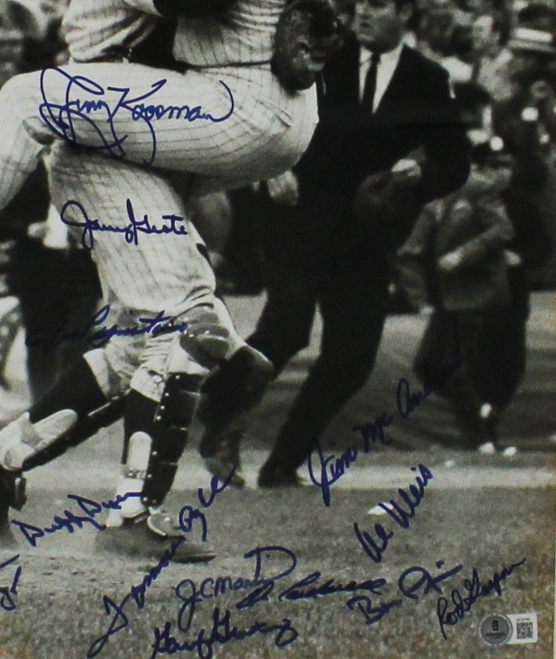 Multi-Signed 1969 New York Mets Framed Black & White MLB Photo including Nolan Ryan, Tom Seaver, Yogi Berra - Image 4